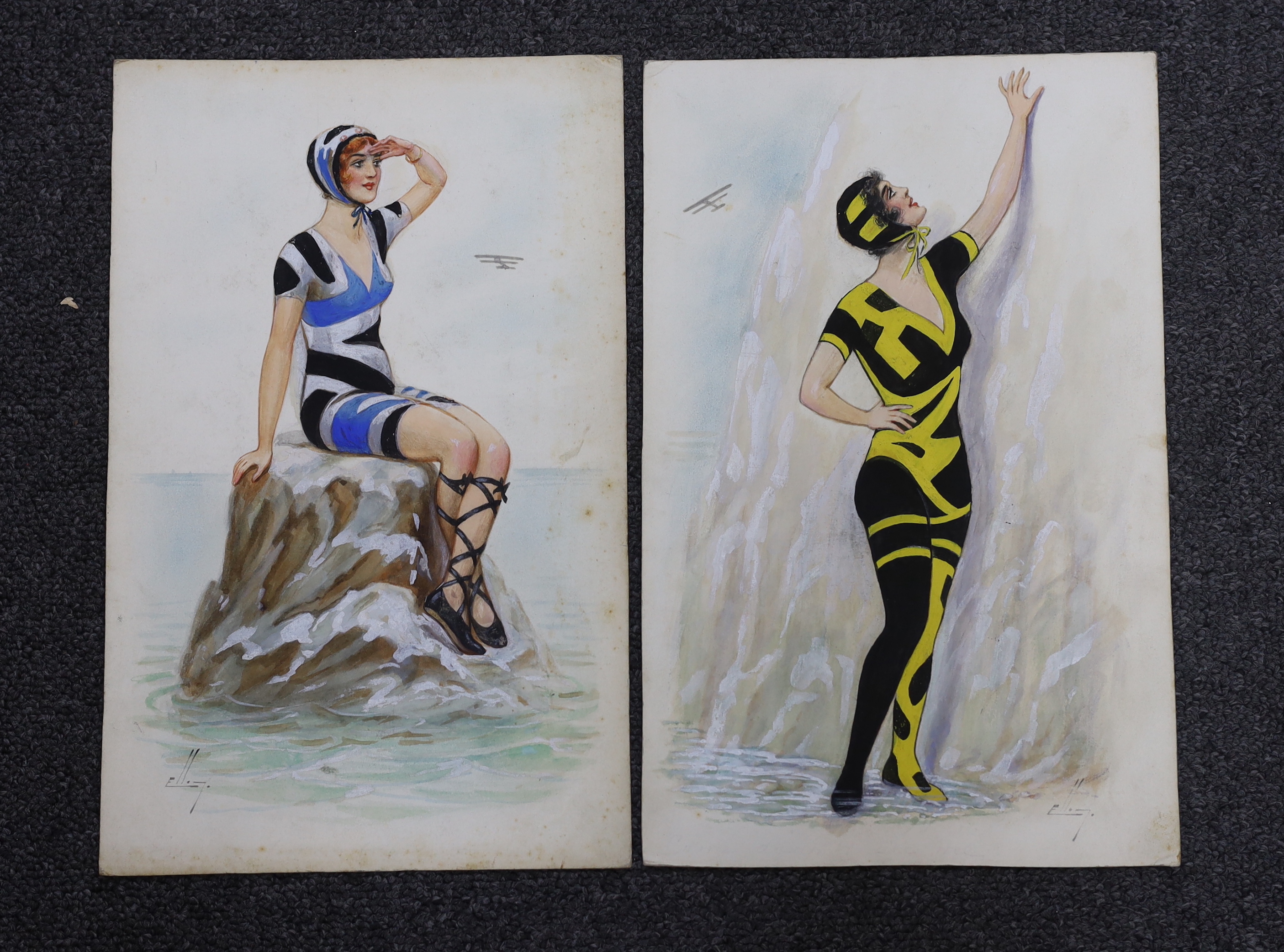 William Henry Ellam (1858-1935), pair of Art Deco heightened watercolours on card, Bathing Girls, original postcard designs, signed, 28 x 18cm, unframed